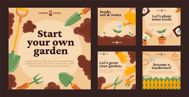 Vector hand drawn gardening instagram post set