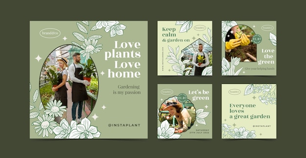 Vector hand drawn gardening instagram posts collection