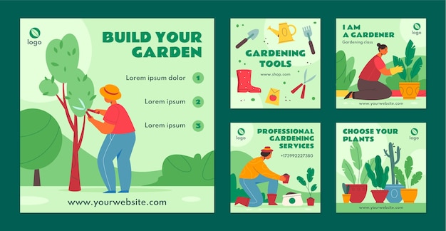 Vector hand drawn gardening instagram posts