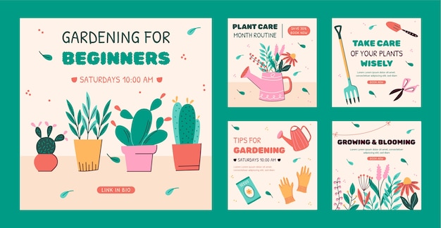 Vector hand drawn gardening instagram posts