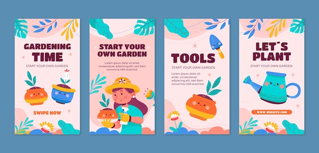 Vector hand drawn gardening instagram stories with leaves