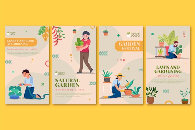 Vector hand drawn gardening instagram story collection