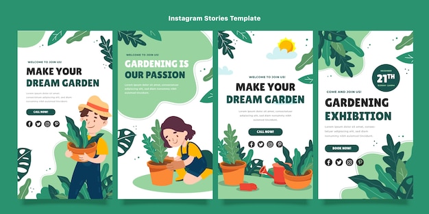 Pacchetto di storie di instagram di giardinaggio disegnato a mano