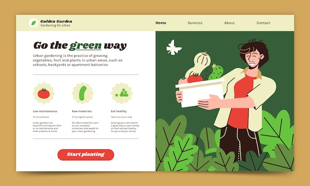 Vector hand drawn gardening work landing page template