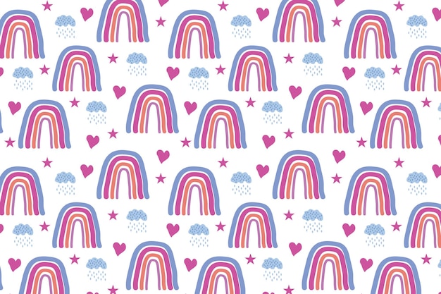 Hand drawn geometric abstract pattern. Cute rainbow vector seamless background in doodle style.