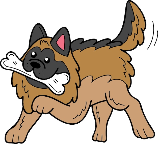 Vector hand drawn german shepherd dog holding the bone illustration in doodle style