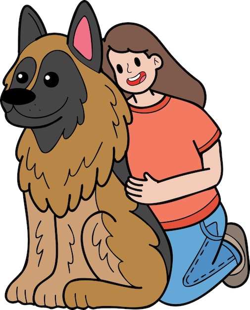 Hand Drawn German Shepherd Dog hugged by owner illustration in doodle style