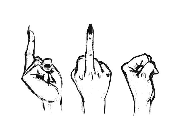 Hand drawn gesture fuck black on white Obscene gesture middle finger up Female fist from the side