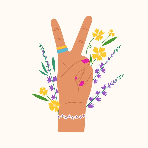 ベクトル 花と葉で手描きのジェスチャー平和のサインとラベンダーを示すトレンディな手
