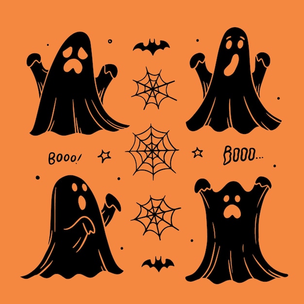 Коллекция силуэтов призраков, нарисованных вручную для празднования хэллоуина