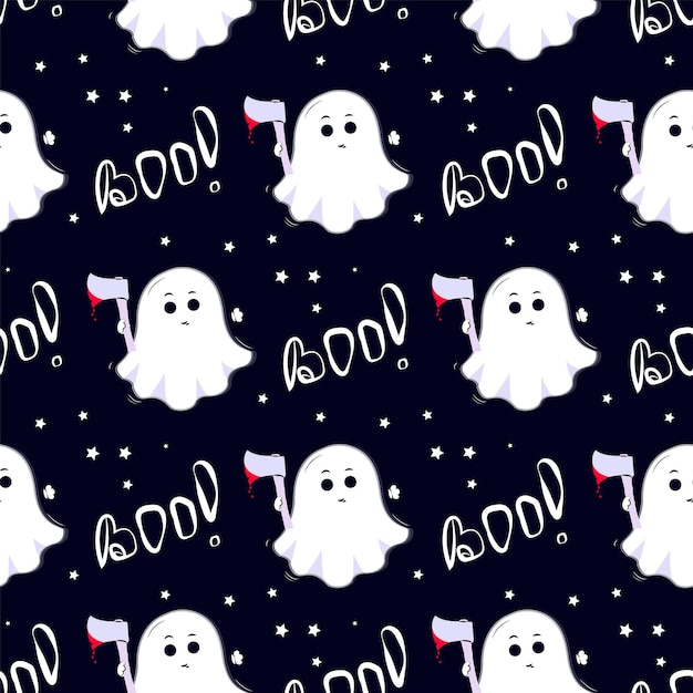 Vector hand drawn ghost with axe seamless pattern