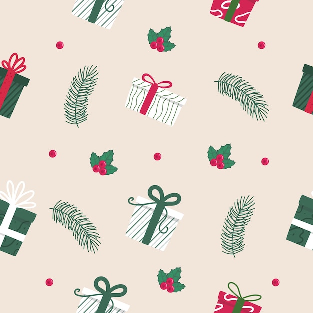 Hand drawn gift box seamless pattern with berry