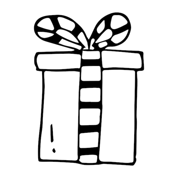 Hand drawn gift with bow and striped ribbon Doodle clipart for Christmas New Year Birthday or another celebration Cute black and white vector illustration of present