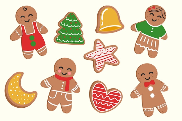 Vector hand drawn gingerbread man cookie collection