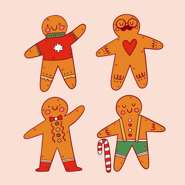 Vector hand drawn gingerbread man cookie set