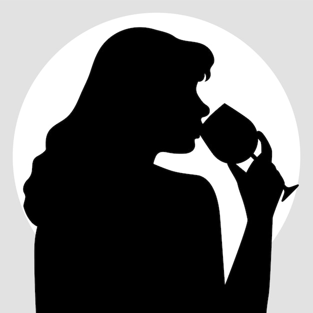 Hand drawn girl drinking wine silhouette