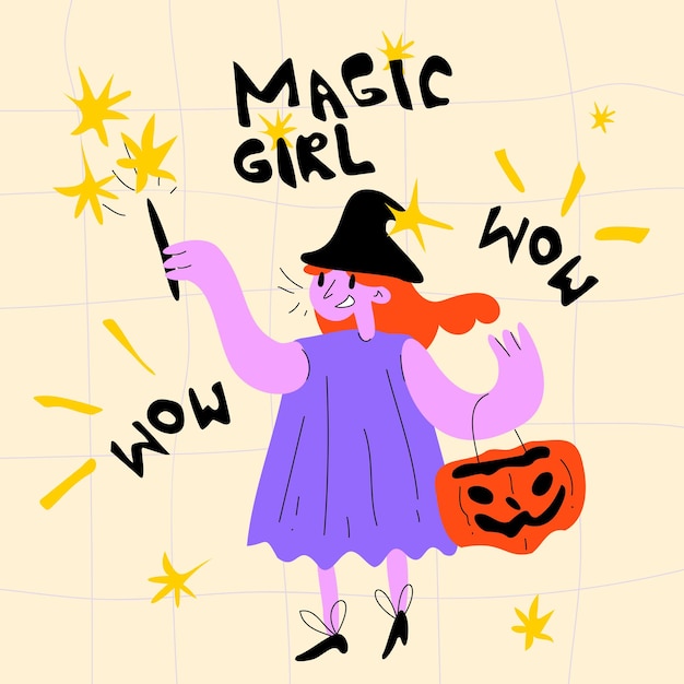 ベクトル ハロウィーンの魔女の衣装で手描きの女の子