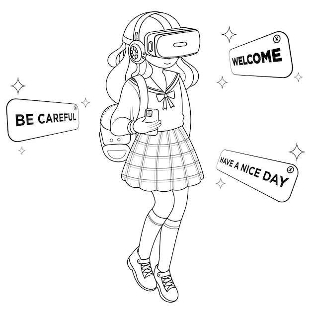 Vector hand drawn girl using virtual reality coloring book illustration