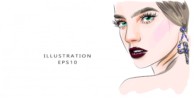 Hand drawn glamour young woman face makeup with beautiful eyes illustration