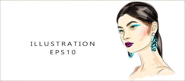 Vector hand drawn glamour young woman face makeup with beautiful eyes illustration