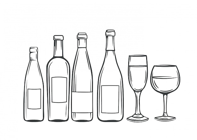 Hand drawn glass bottles and glasses of wine