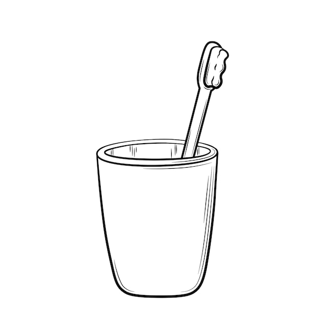 Hand drawn glass with toothbrush in doodle style. The subject of a daily routine for oral hygiene.