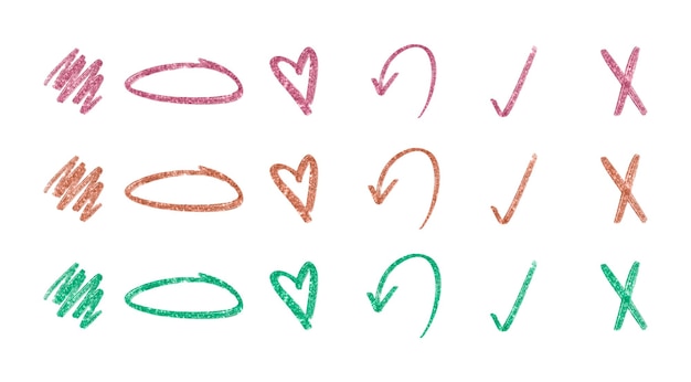 Forme glitterate disegnate a mano. freccia, cuore, linee ondulate, pennellata