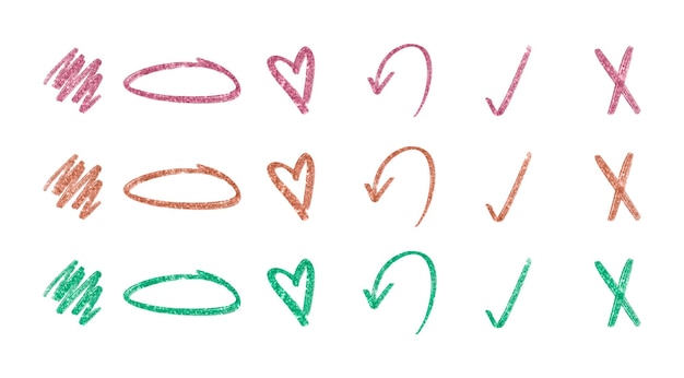 Hand drawn glitter shapes. arrow, heart, wavy lines, brush stroke