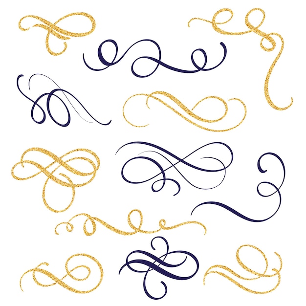 Vector hand drawn gold and black ink swirls and flourishes. vector illustration calligraphic design elements