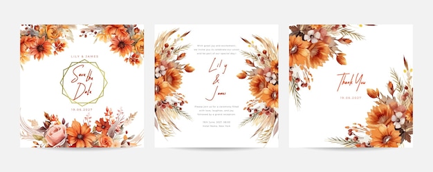 Hand drawn golden brown begonia floral wedding invitation card template Wedding invitation
