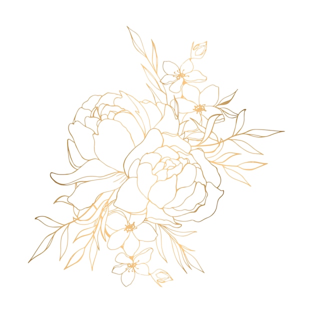 Vector hand drawn golden floral illustration with peonies