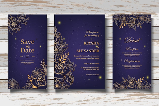 Hand Drawn Golden Floral Invitation Card Set