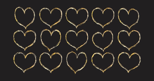 Hand drawn golden hearts valentine's day elements scribble doodle style