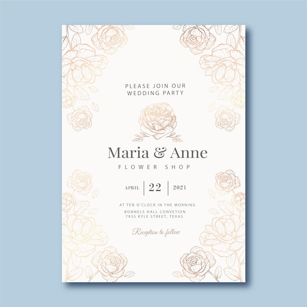 Hand drawn golden wedding invitation template