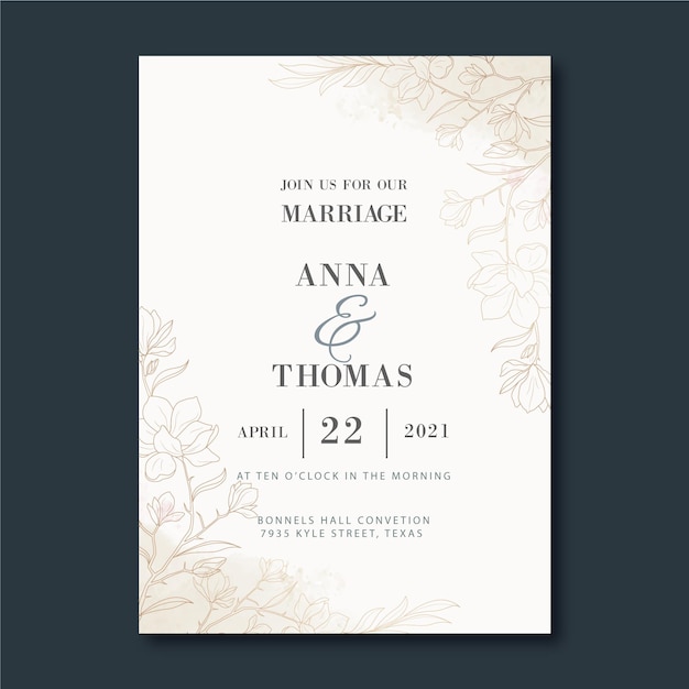 Vector hand drawn golden wedding invitation template