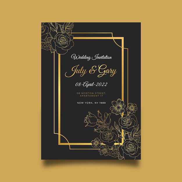 Hand drawn golden wedding invitation template