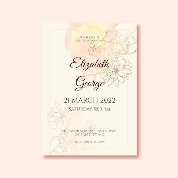 Hand drawn golden wedding invitation template