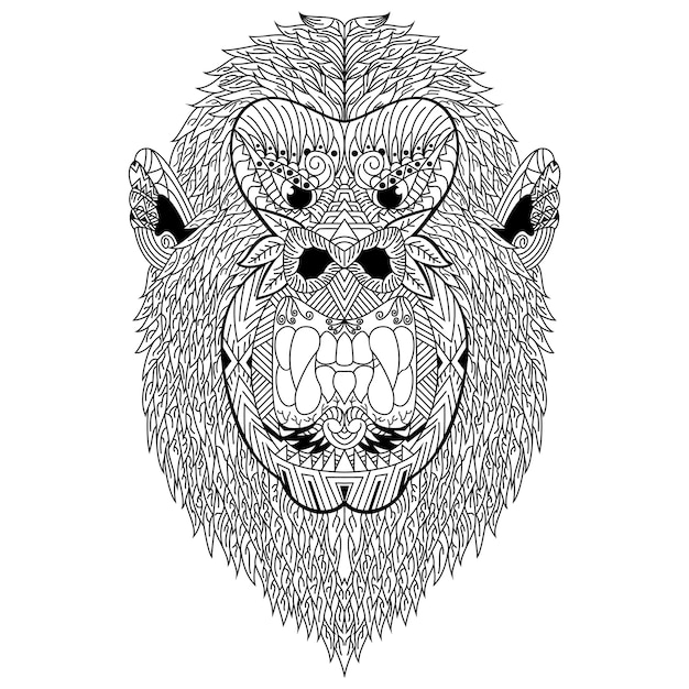 Hand drawn of gorilla in zentangle style