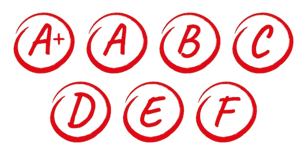 Hand drawn grade: A+, A, B, C, D, E, F result with circle. Success. Pass the exam. Best work.