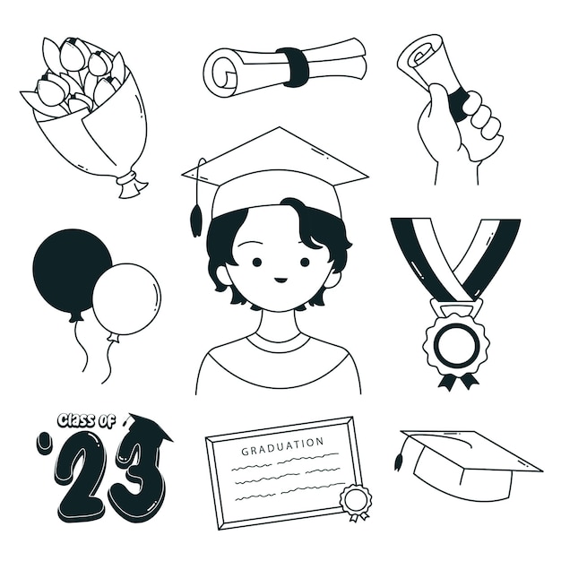 Vector hand drawn graduation class of 2023 elements doodle