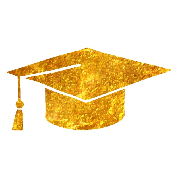 Vector hand drawn graduation hat icon in gold foil texture vector illustration