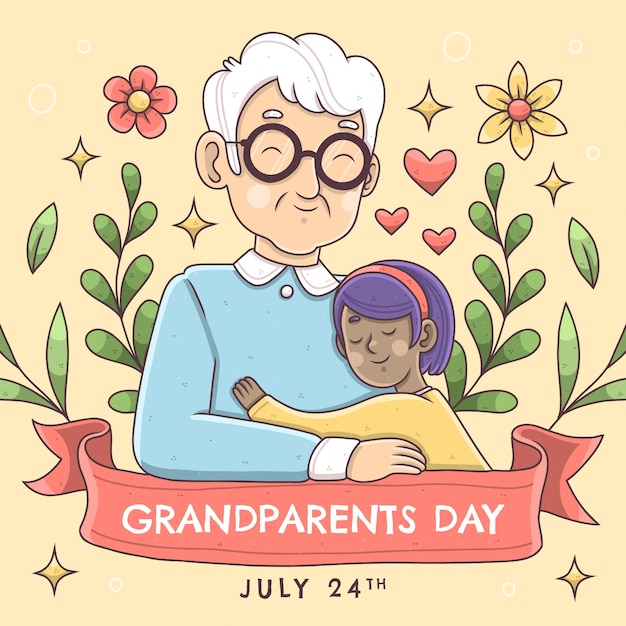 벡터 할머니와 손자와 손으로 그린 조부모의 날 그림