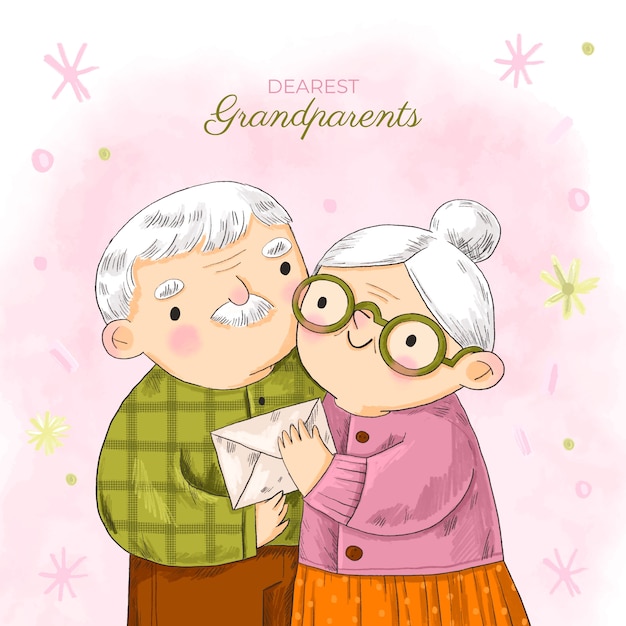 Vettore illustrazione disegnata a mano del giorno dei nonni con una coppia di anziani