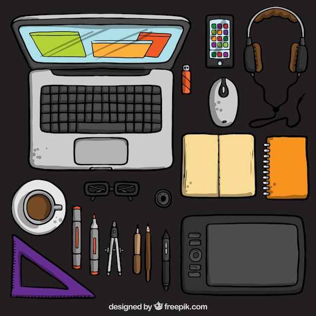 Vector hand drawn graphic designer desk