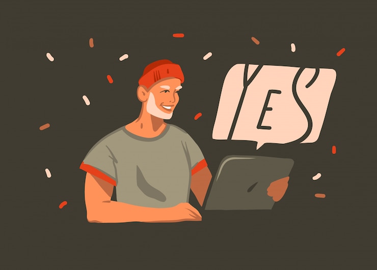 Vector hand drawn      graphic illustration with young smiling fashion outfit beard male working on laptop computer and chatting isolated