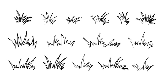 Hand drawn grass silhouette collection. Lawn bush of grass in sketch doodle style. Vector