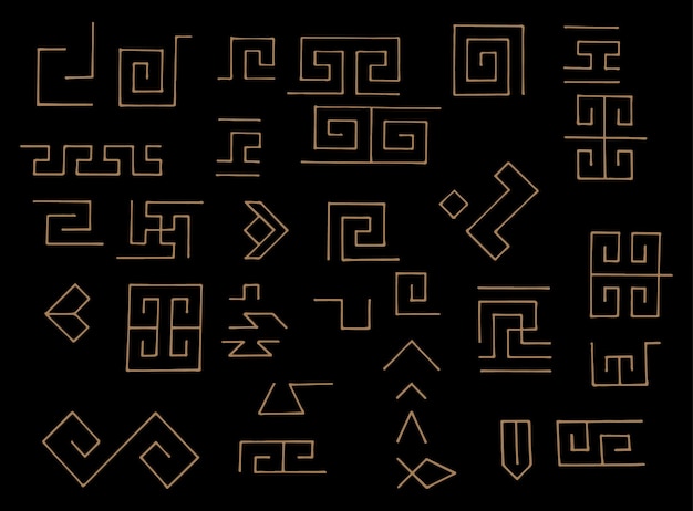 Ручной рисунок греческих мотивов векторные золотые символы на черном фоне