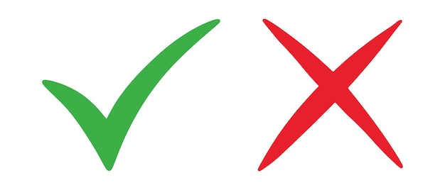 Vettore disegnato a mano con segno di spunta verde e croce rossa isolata icona giusta e sbagliata illustrazione vettoriale