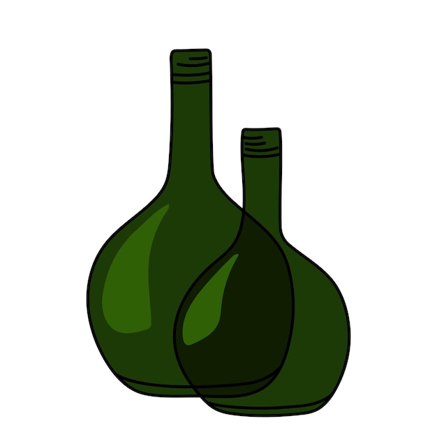 Hand drawn green glass round bellied bottles with a long neck for wine.