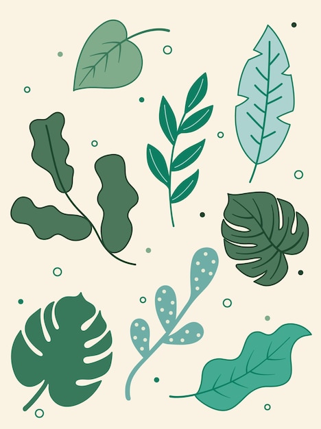 Vector hand drawn green leaf design element set on a beige background plant foliage